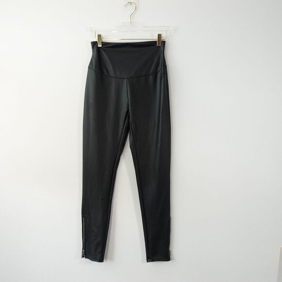 Yummie Womens Leggings Medium Black Slim Fit‎ Zip Hem Leather Athleisure Faux - Picture 1 of 12